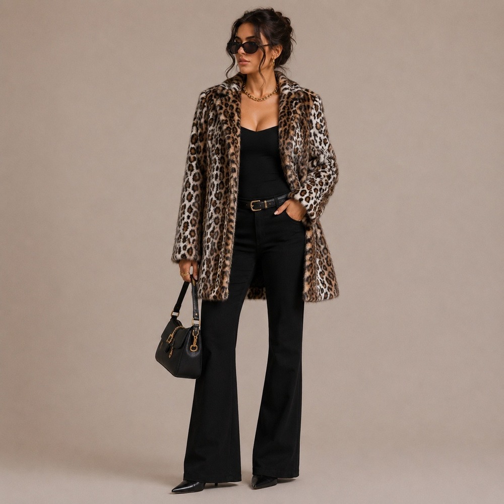Chicos Leopard Print Faux Fur Full Zip Jacket Animal Print Collarless Maximal S